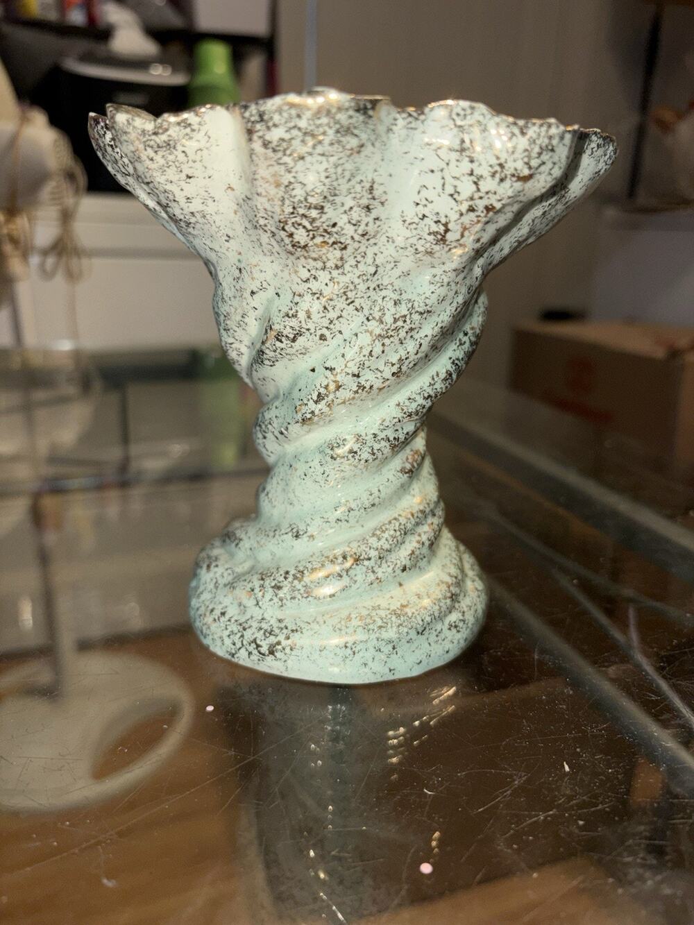 VTG Hedi Schoop California Pottery Swirl Candle Holder Vase Aqua Gold Weep 5"